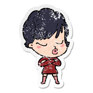 sıkıntılı etiket bir karikatür kadının gözleri kapa