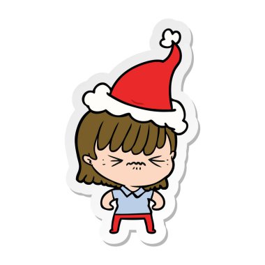 Noel Baba şapkası giyen bir kız rahatsız etiket karikatür
