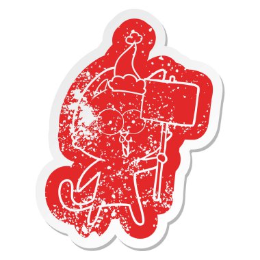 santa şapka işareti ile bir kedinin komik ilginç karikatür sıkıntılı etiket