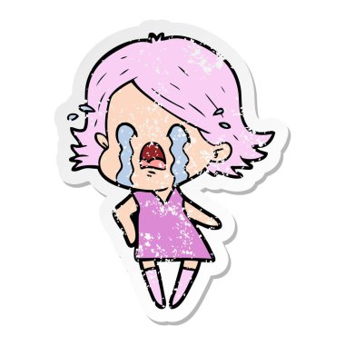 ağlayan bir karikatür kadının sıkıntılı etiket