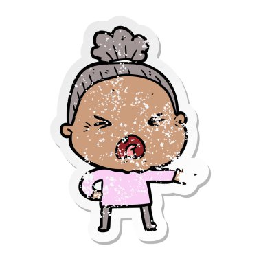 bir çizgi film kızgın yaşlı kadının sıkıntılı etiket