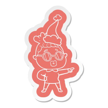 çizgi film etiketi giyen gözlük takan bir işaret eden kadının 