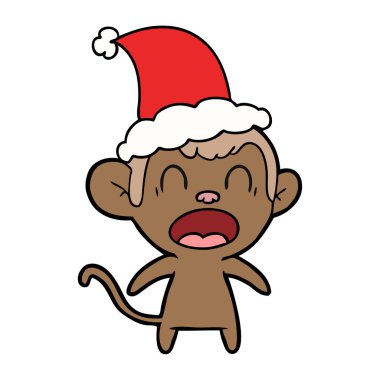 çizim için Noel Baba şapkası giyen bir maymunun bağırarak