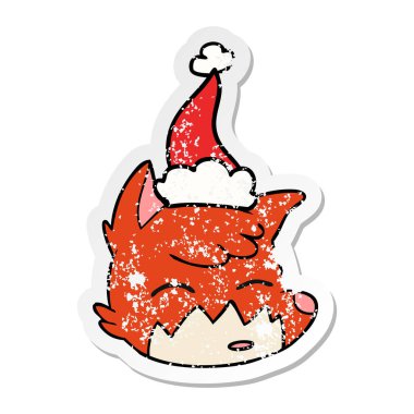 sıkıntılı etiket karikatür Noel Baba şapkası giyen bir tilki yüz el çekilmiş