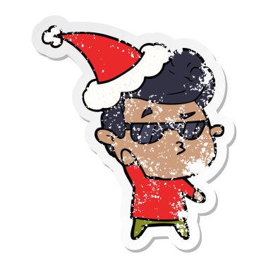 Noel Baba şapkası giyen havalı biri sıkıntılı etiket karikatür