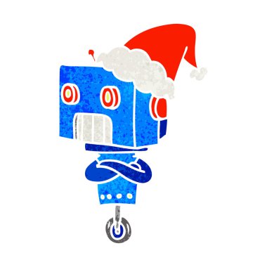 retro karikatür Noel Baba şapkası giyen bir robot el çekilmiş