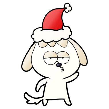 Noel Baba şapkası giyen sıkılmış bir köpek degrade çizgi film el çekilmiş