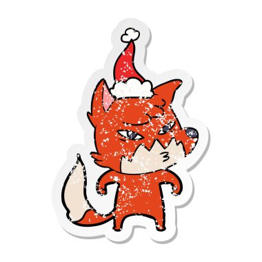 Akıllı etiket karikatür Noel Baba şapkası giyen bir tilkinin sıkıntılı