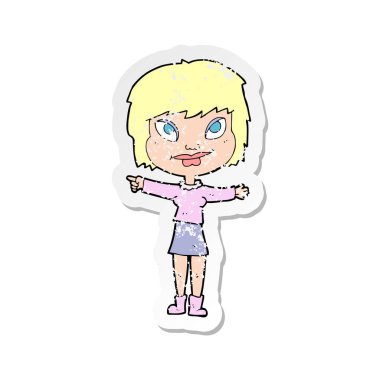 işaret eden bir çizgi film kadının Retro sıkıntılı etiket