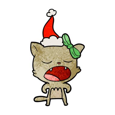 elle çizilmiş karikatür kedi meowing giyen Noel Baba şapkası, dokulu