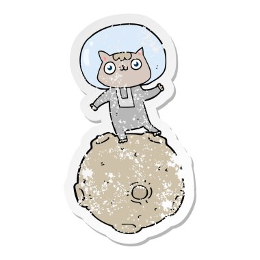sevimli çizgi astronot kedinin sıkıntılı etiket
