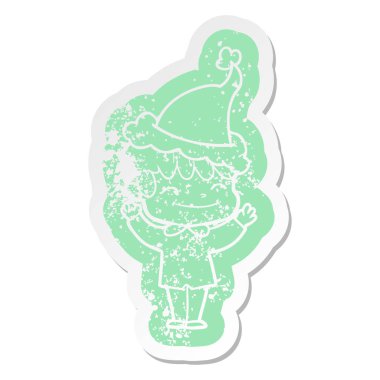 ilginç karikatür sıkıntılı etiket Noel Baba şapkası giyen bir mutlu çocuk