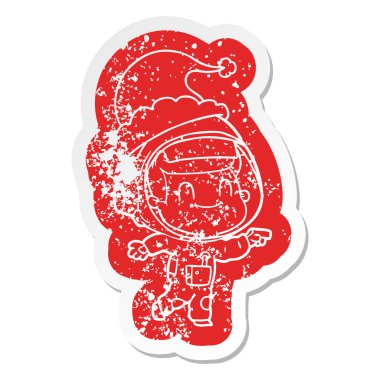 mutlu ilginç çizgi film Noel Baba şapkası giyen bir astronot adam etiket sıkıntılı