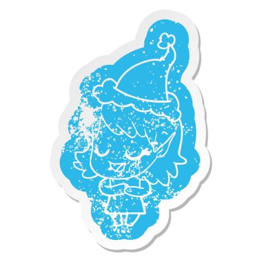 mutlu ilginç karikatür etiket Noel Baba şapkası giyen bir elf kızın sıkıntılı