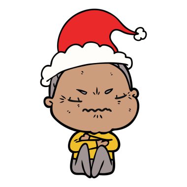 Noel Baba şapkası giyen rahatsız bir yaşlı kadın, çizgi çizme