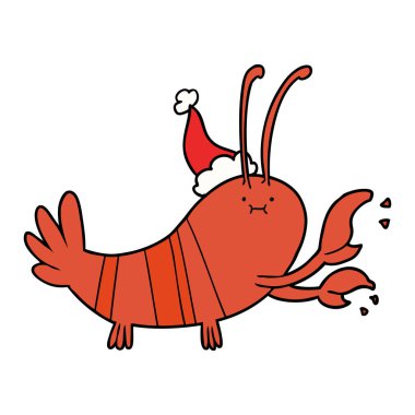 çizim için Noel Baba şapkası giyen bir ıstakoz el çekilmiş