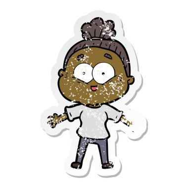 bir karikatür mutlu yaşlı kadının sıkıntılı etiket