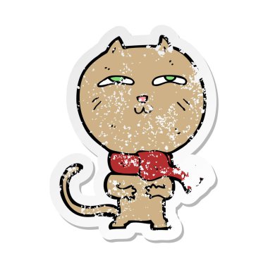 Retro sıkıntılı etiket eşarp bir karikatür komik kedi