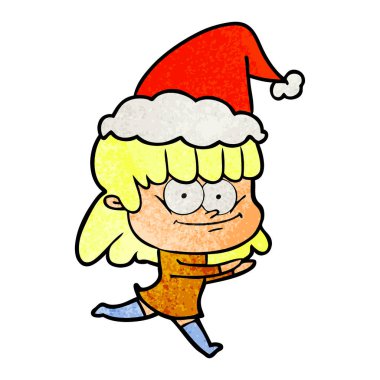 Noel Baba şapkası giyen bir gülümseyen kadın dokulu karikatür el çekilmiş