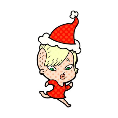 santa giyen bir sürpriz kız çizgi roman tarzı gösteren resim 