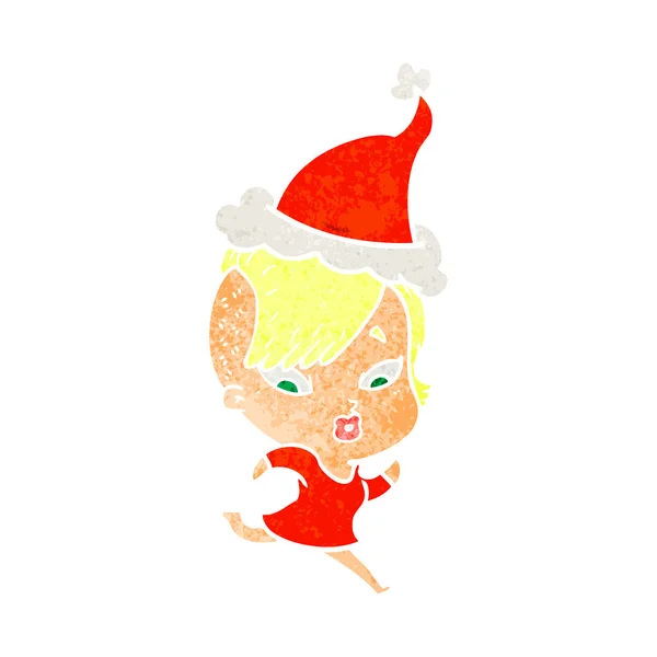 Dessin animé rétro d'une fille surprise portant un chapeau de Père Noël — Image vectorielle