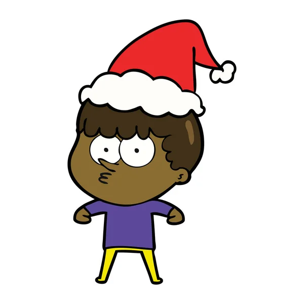 Noel Baba şapkası giyen meraklı bir çocuk çizgi çizme — Stok Vektör