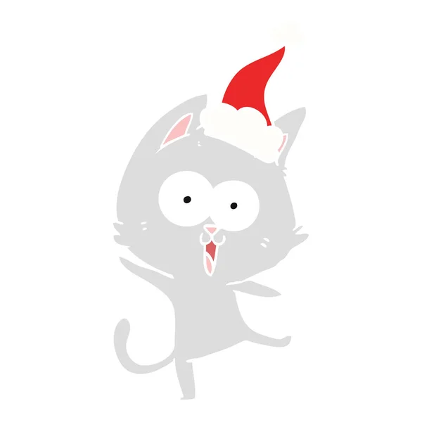 산타 모자를 쓰고 고양이의 재미 있는 플랫 컬러 일러스트 — 스톡 벡터