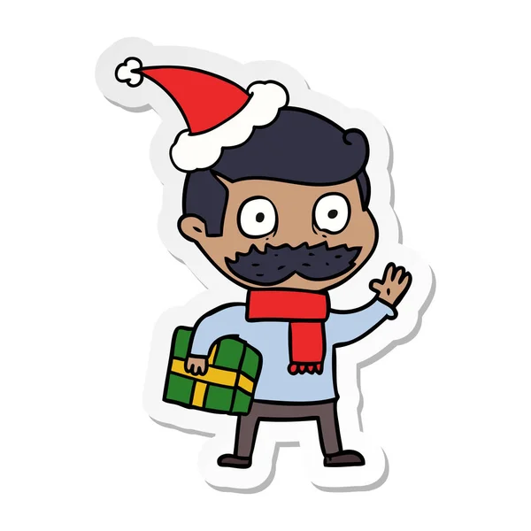 Etiket karikatür bir adamın bıyığı ve Noel hediyesi de ile — Stok Vektör