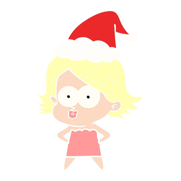 Flat color illustration of a girl pouting wearing santa hat — Stock Vector