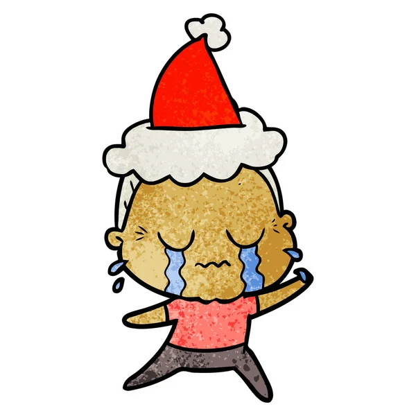 Caricatura texturizada de una anciana llorando con sombrero de santa — Vector de stock