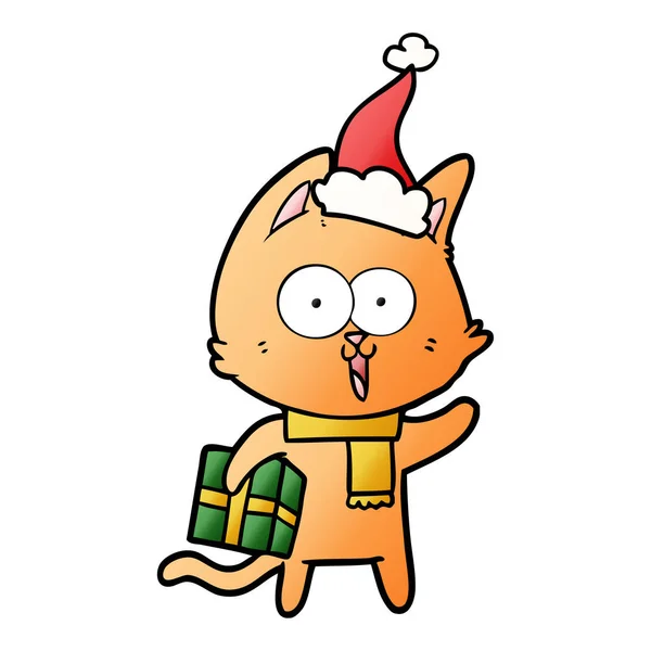 Lustige Handgezeichnete Gradienten Karikatur Einer Katze Mit Weihnachtsmütze — Stockvektor