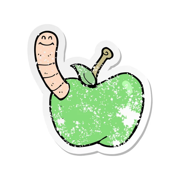 Retro adesivo angosciato di una mela cartone animato con verme — Vettoriale Stock