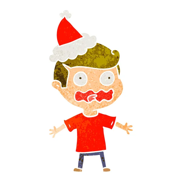 Retro-Karikatur eines völlig gestressten Mannes mit Weihnachtsmütze — Stockvektor
