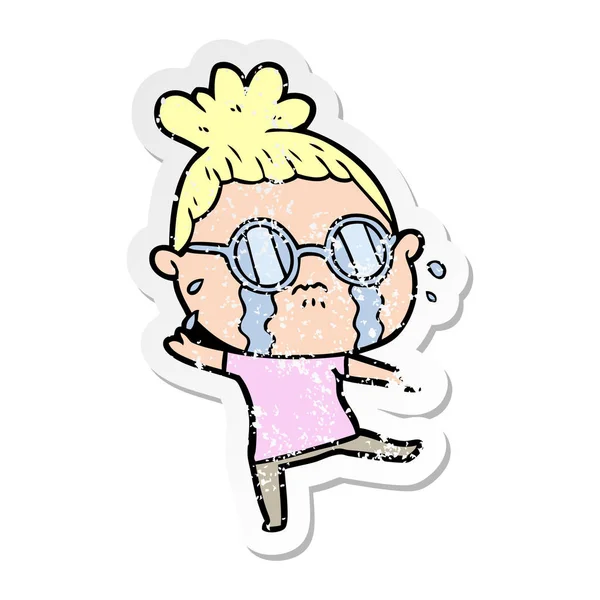 Verontruste sticker van een cartoon huilen vrouw dragen van bril — Stockvector