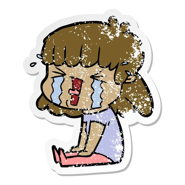 Distressed sticker of a cartoon woman in tears — Stock Vector