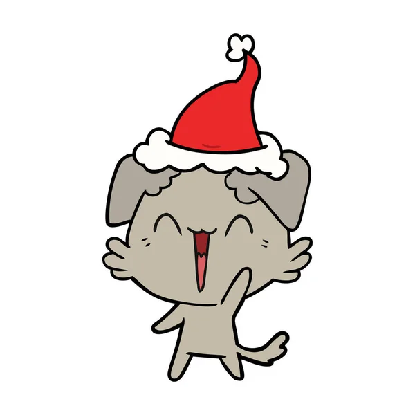 Línea de perro feliz dibujo de un sombrero de Papá Noel — Vector de stock