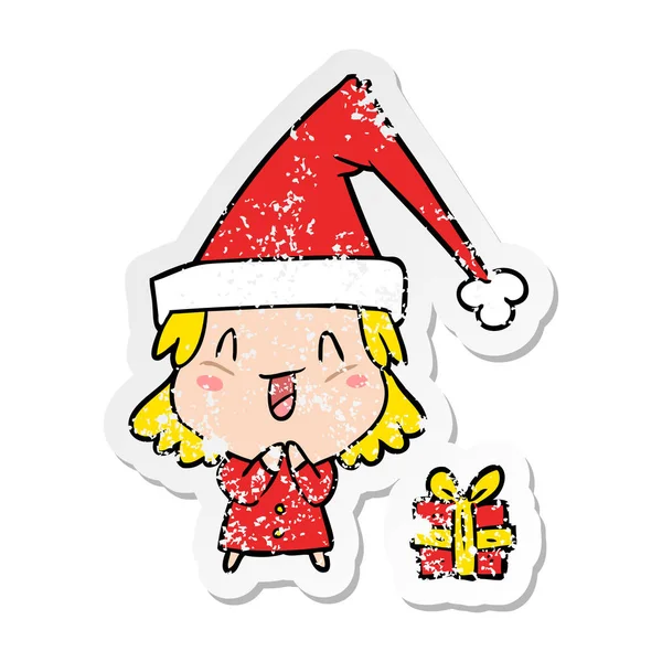 Calcomanía angustiada de una chica de dibujos animados con sombrero de Navidad — Vector de stock