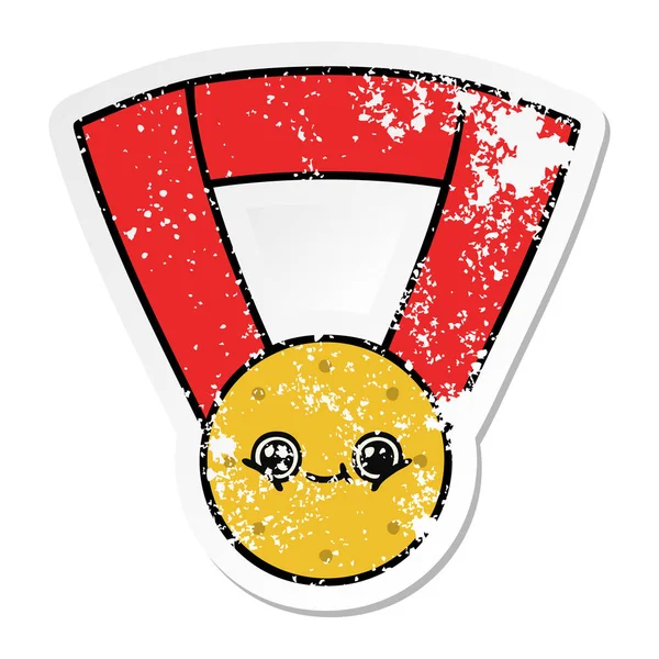 Verontruste sticker van een leuke cartoon gouden medaille — Stockvector