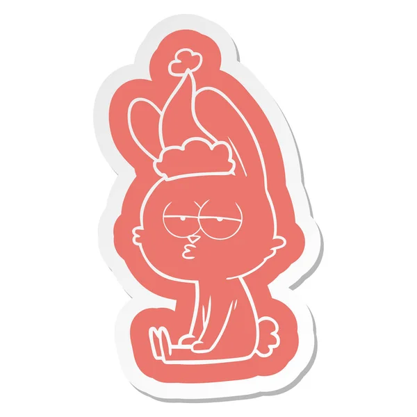 Cute Quirky Cartoon Sticker Rabbit Wearing Santa Hat — Stock Vector