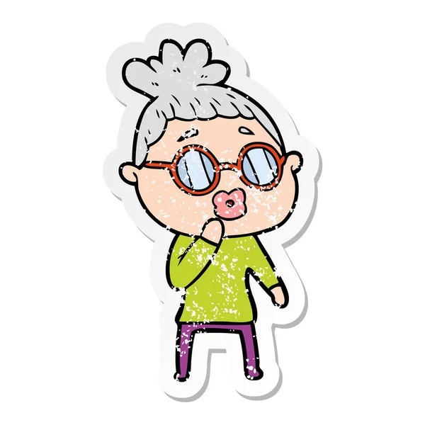 Etiqueta angustiada de uma mulher dos desenhos animados que usa óculos —  Vetores de Stock
