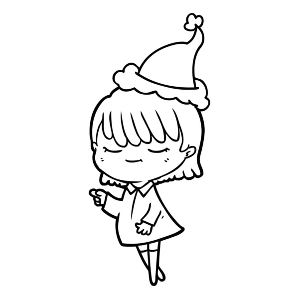 Dibujo Línea Dibujado Mano Una Mujer Con Sombrero Santa — Vector de stock
