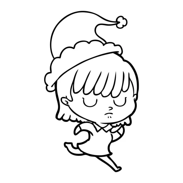 Dessin Main Une Femme Portant Chapeau Père Noël — Image vectorielle