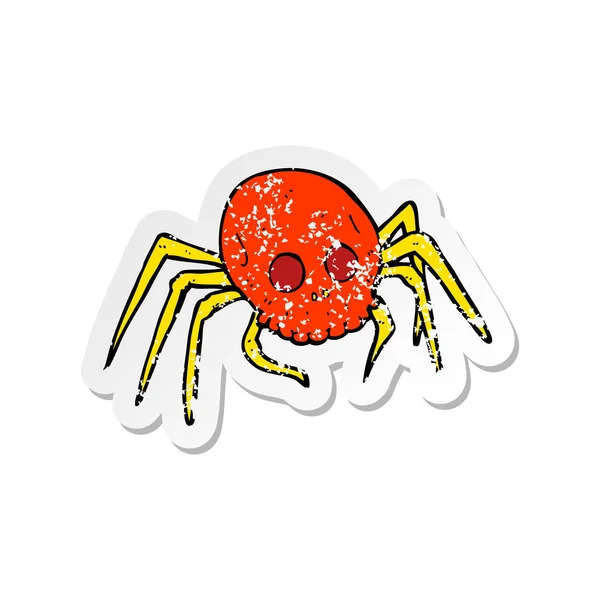 Retro Distressed Sticker Cartoon Spooky Halloween Skull Spider — Stock Vector