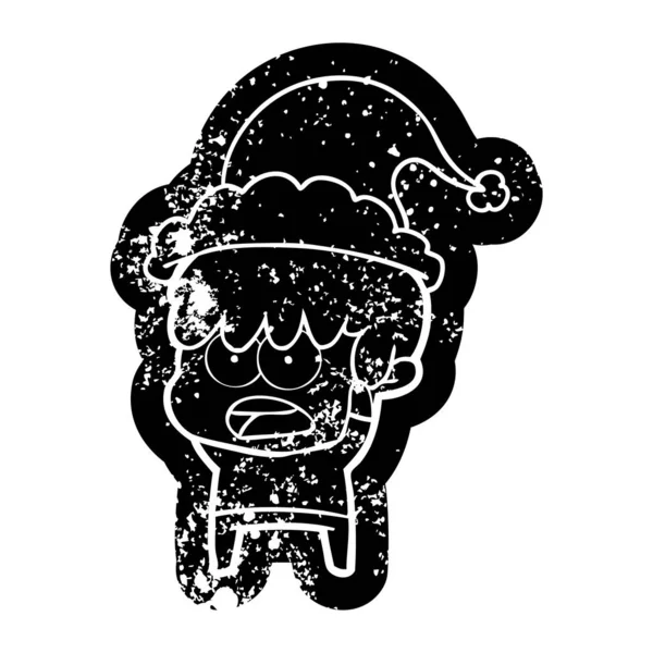 Besorgte Karikatur verstörte Ikone eines Jungen mit Weihnachtsmütze — Stockvektor