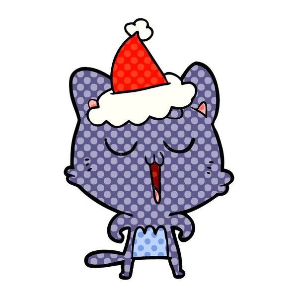 Illustrazione in stile fumetto di un gatto che canta indossando il cappello di Babbo Natale — Vettoriale Stock
