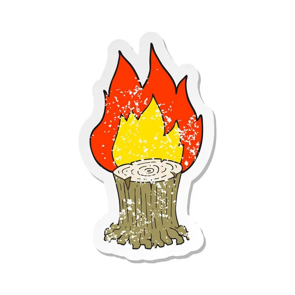 Retro Distressed Sticker Cartoon Big Tree Stump Fire — Stock Vector