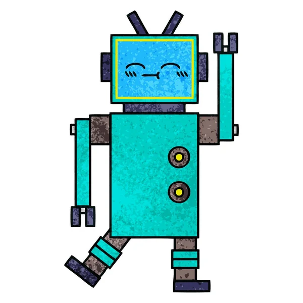 Retro grunge doku karikatür mutlu robot — Stok Vektör