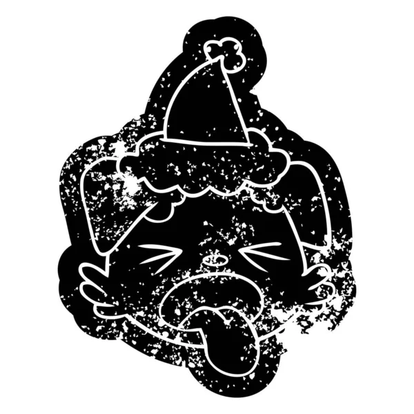 Desenho animado ícone angustiado de um rosto de cão usando chapéu de santa —  Vetores de Stock
