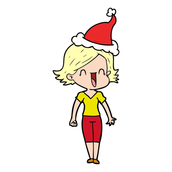 Dessin au trait d'une femme heureuse portant un chapeau de Père Noël — Image vectorielle