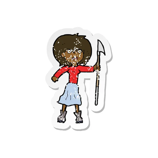 Retro Noodlijdende Sticker Van Een Cartoon Vrouw Met Harpoen — Stockvector